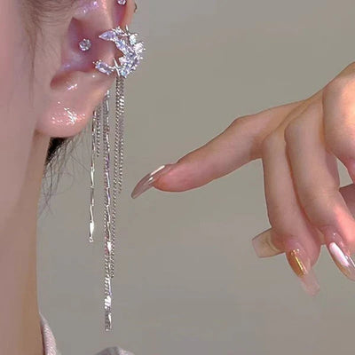 Fashion Elegant Zircon Awn Star Moon Tassel Non-piercing Ear Clip